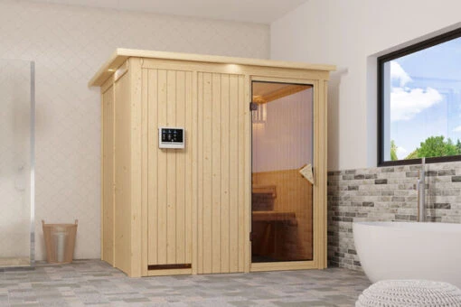 KARIBU Sodin Sauna , Naturbelassen, Fichte, 210x184x202 Cm, Fronteinstieg, Bronzierte Tür U. Kranz, Ofen 4,5 KW Ext. Strg. Easy -Doppler Verkäufe 30678 2 01.jpg