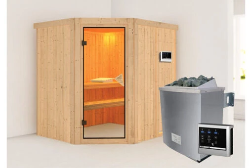 KARIBU Siirin Sauna , Naturbelassen, Fichte, 196x170x198 Cm, Eckeinstieg, Bronzierte Tür, MitOfen 4,5 KW Ext. Strg. Easy -Doppler Verkäufe 30685 2 01.jpg