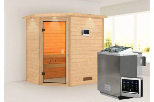 KARIBU Svea Sauna , Naturbelassen, Fichte, 224x160x202 Cm, BronzierteTür U. Kranz, Ofen 4,5 KW Bio Ext. Strg. -Doppler Verkäufe 30736 3 01.jpg