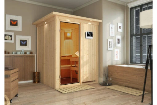 KARIBU Norin Sauna, Naturbelassen, Fichte, 165 X 165 X 202 Cm, Fronteinstieg, Mit Bronzierter Tür Und Kranz, SET Mit Ofen 4,5 KW Bio Ext. Strg. -Doppler Verkäufe 30908 6 01.jpg