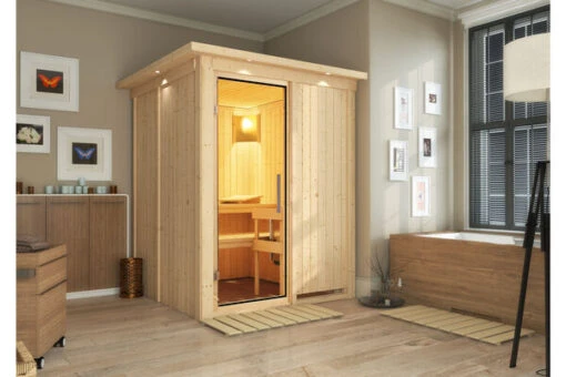 KARIBU Norin Sauna, Naturbelassen, Fichte, 165 X 165 X 202 Cm, Fronteinstieg, Mit Klarglastür Und Kranz, SET Mit Ofen 4,5 KW Integr. Str. -Doppler Verkäufe 30910 4 01.jpg