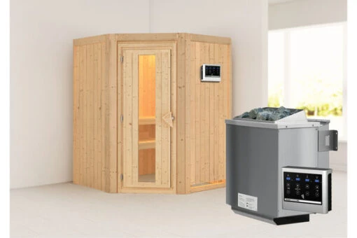 KARIBU Larin Sauna, Naturbelassen, Fichte, 151 X 151 X 198 Cm, Eckeinstieg, Mit Energiespartür, SET Mit Ofen 4,5 KW Bio Ext. Strg. -Doppler Verkäufe 30911 3 01.jpg