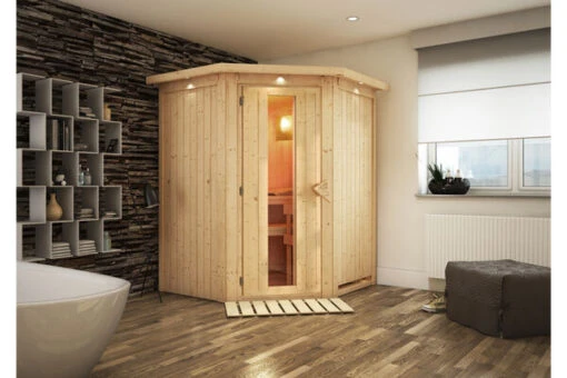 KARIBU Larin Sauna, Naturbelassen, Fichte, 165 X 165 X 202 Cm, Eckeinstieg, Mit Energiespartür Und Kranz, SET Mit Ofen 4,5 KW Integr. Str. -Doppler Verkäufe 30911 4 01.jpg