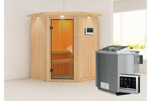 KARIBU Larin Sauna, Naturbelassen, Fichte, 165 X 165 X 202 Cm, Eckeinstieg, Mit Bronzierter Tür Und Kranz, SET Mit Ofen 4,5 KW Bio Ext. Strg. -Doppler Verkäufe 30912 6 02.jpg