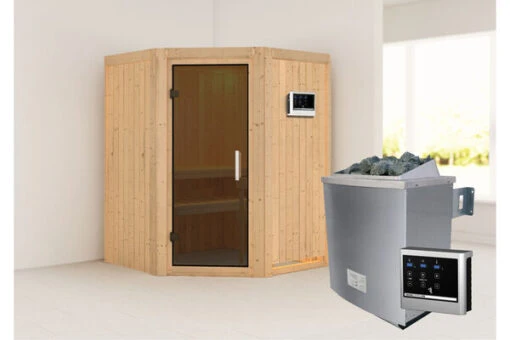 KARIBU Larin Sauna, Naturbelassen, Fichte, 151 X 151 X 198 Cm, Eckeinstieg,mit Graphitfarbener Tür, SET Mit Ofen 4,5 KW Ext. Strg. Easy -Doppler Verkäufe 30913 2 01.jpg