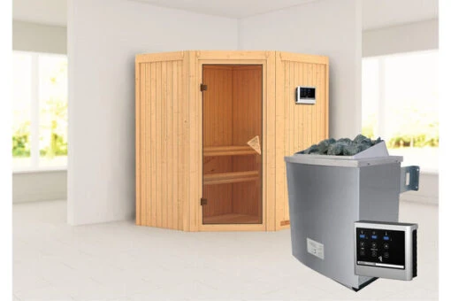 KARIBU Taurin Sauna, Naturbelassen, Fichte, 170 X 151 X 198 Cm, Eckeinstieg, Mit Bronzierter Tür, SET Mit Ofen 4,5 KW Ext. Strg. Easy -Doppler Verkäufe 30916 2 01.jpg