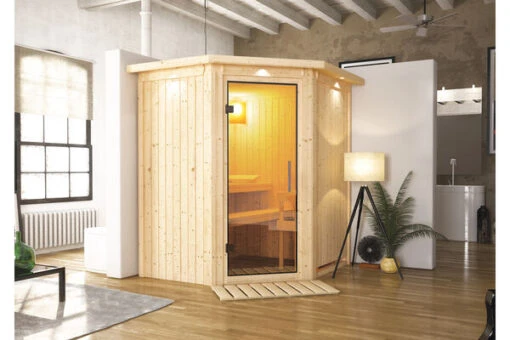 KARIBU Taurin Sauna, Naturbelassen, Fichte, 184 X 165 X 202 Cm, Eckeinstieg, Mit Klarglastür Und Kranz, SET Mit Ofen 4,5 KW Integr. Str. -Doppler Verkäufe 30918 4 01.jpg