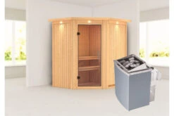 KARIBU Taurin Sauna, Naturbelassen, Fichte, 184 X 165 X 202 Cm, Eckeinstieg, Mit Klarglastür Und Kranz, SET Mit Ofen 4,5 KW Integr. Str. -Doppler Verkäufe 30918 4 02.jpg