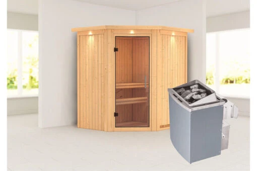 KARIBU Taurin Sauna, Naturbelassen, Fichte, 184 X 165 X 202 Cm, Eckeinstieg, Mit Klarglastür Und Kranz, SET Mit Ofen 4,5 KW Integr. Str. -Doppler Verkäufe 30918 4 02.jpg