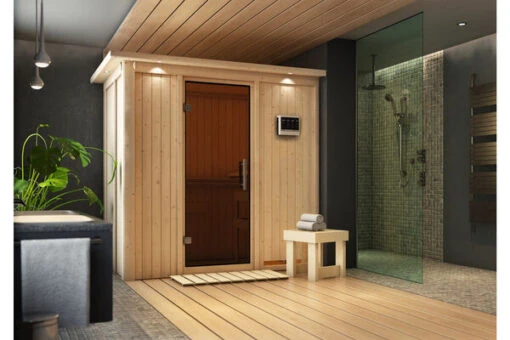 KARIBU Variado Sauna, Naturbelassen, Fichte, 210 X 132 X 202 Cm, Fronteinstieg, Mit Graphitfarbener Tür Und Kranz, SET Mit Ofen 4,5 KW Bio Ext. Strg. -Doppler Verkäufe 30921 6 01.jpg