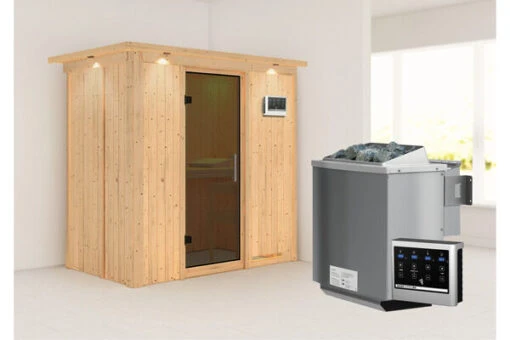 KARIBU Variado Sauna, Naturbelassen, Fichte, 210 X 132 X 202 Cm, Fronteinstieg, Mit Graphitfarbener Tür Und Kranz, SET Mit Ofen 4,5 KW Bio Ext. Strg. -Doppler Verkäufe 30921 6 02.jpg