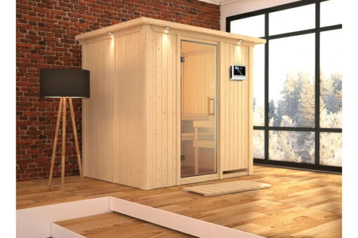 KARIBU Bodin Sauna, Naturbelassen, Fichte, 210 X 165 X 202 Cm, Fronteinstieg,mit Klarglastür SETmit Ofen 4,5 KW Ext. Strg. Easy -Doppler Verkäufe 30927 5 01.jpg