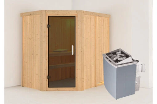 KARIBU Carin Sauna, Naturbelassen, Fichte, 196 X 151 X 198 Cm, Eckeinstieg,mit Graphitfarbener Tür SETmit Ofen 4,5 KW Integr. Str. -Doppler Verkäufe 30930 1 01.jpg