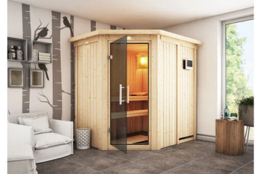 KARIBU Carin Sauna, Naturbelassen, Fichte, 210 X 165 X 202 Cm, Eckeinstieg,mit Graphitfarbener Tür Und Kranz SETmit Ofen 4,5 KW Bio Ext. Strg. -Doppler Verkäufe 30930 6 01.jpg