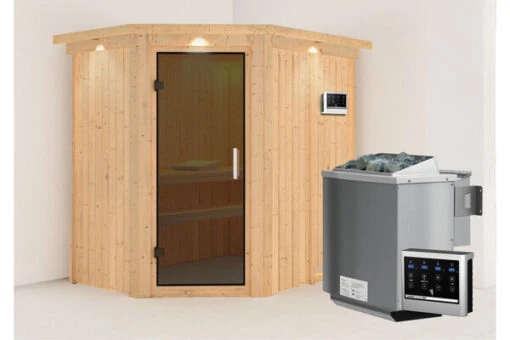 KARIBU Carin Sauna, Naturbelassen, Fichte, 210 X 165 X 202 Cm, Eckeinstieg,mit Graphitfarbener Tür Und Kranz SETmit Ofen 4,5 KW Bio Ext. Strg. -Doppler Verkäufe 30930 6 02.jpg