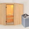 KARIBU Carin Sauna, Naturbelassen, Fichte, 196 X 151 X 198 Cm, Eckeinstieg,mit Klarglastür SETmit Ofen 4,5 KW Integr. Str. -Doppler Verkäufe 30931 1 01.jpg