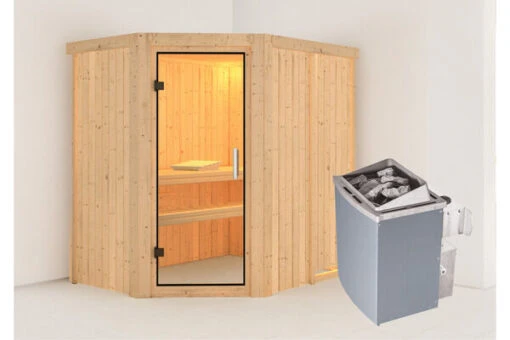 KARIBU Carin Sauna, Naturbelassen, Fichte, 196 X 151 X 198 Cm, Eckeinstieg,mit Klarglastür SETmit Ofen 4,5 KW Integr. Str. -Doppler Verkäufe 30931 1 01.jpg