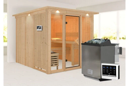 KARIBU Askja Sauna-Set, Naturbelassen, Fichte, 240x248x202 Cm Inkl. Kranz, Ganzglastür Und 9 KW Bio-Ofen Ext. Strg. -Doppler Verkäufe 31335 4 01.jpg