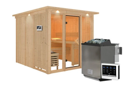 KARIBU Askja Sauna-Set, Naturbelassen, Fichte, 240x248x202 Cm Inkl. Kranz, Ganzglastür Und 9 KW Bio-Ofen Ext. Strg. -Doppler Verkäufe 31335 4 02.jpg